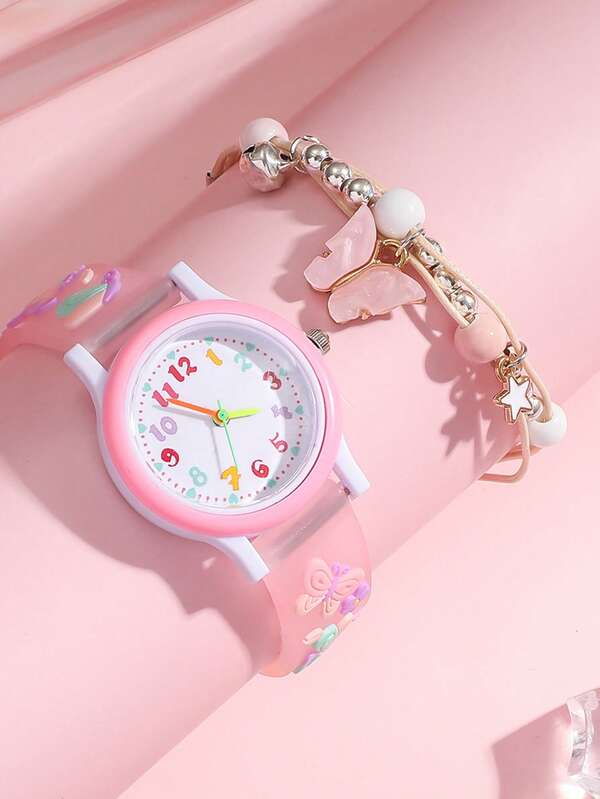 Set de 2 relojes luminosos para niñas - Reloj luminoso con diseño de unicornio de dibujos animados y pulsera de unicornio con cuentas (sin caja)