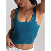 Women Rib Tank Top Padded Workout Top Square Neck Crop Tank Fitted Basic Cami Tops - Ocean Depths - View 5