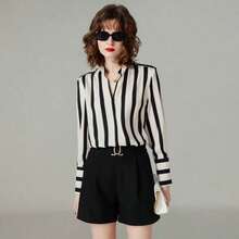 夏季女装初秋竖条纹女衬衫小立领V领长袖衫时尚优雅法式女装通勤上衣 - 黑與白 - 查看 13
