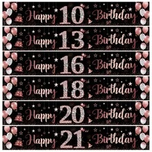 Cartel de cumpleaños plano 2D, decoraciones de fiesta de poliéster negro y oro rosa, adecuado para cumpleaños 10, 13, 16, 18, 20, 21