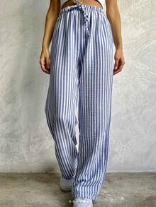 Wide Leg Striped Elastic Palazzo Pants With Pockets - 深色水洗藍 - 查看 1