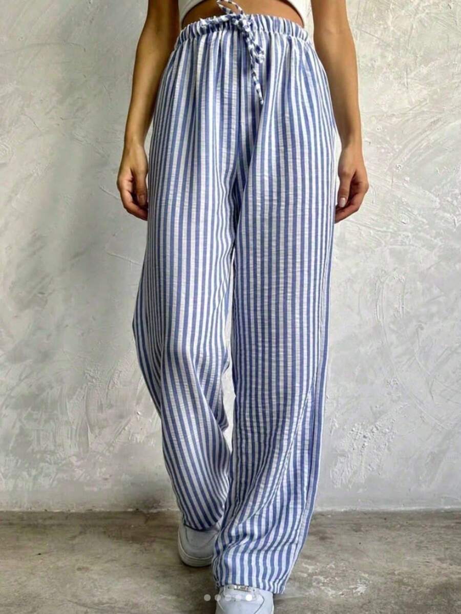 Wide Leg Striped Elastic Palazzo Pants With Pockets - 深色水洗藍 - 查看 1