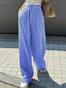 Wide Leg Striped Elastic Palazzo Pants With Pockets - azul real - Ver 4