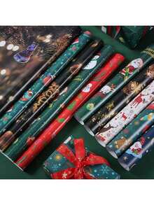 5 件/9 件圣诞包装纸卷 - 圣诞老人、驯鹿、雪人和圣诞树图案，绿色和红色节日设计，带有“圣诞快乐”文字，耐用礼品包装纸，鲜艳的印刷质量，派对用品，抗撕裂材料，适用于圣诞礼物、鲜花礼物、圣诞装饰，颜色和款式随机 - 彩色 - 查看 6