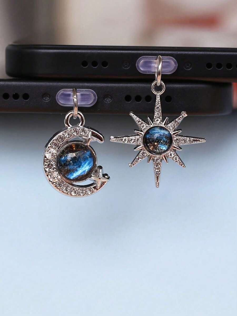 Mặt dây chuyền điện thoại chống bụi đính đá lấp lánh hình hành tinh xanh, mặt trăng và ngôi sao, phụ kiện trang trí, phù hợp với cổng Type-C, quà tặng trang trí mặt dây chuyền chống bụi - Nhiều màu - Xem 1
