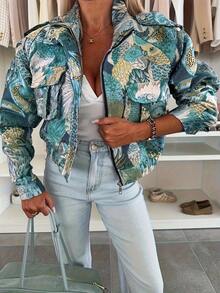 New Casual Vintage Ocean Animal Print Front Button Pocket Zipper Jacket Coat For Women, Suitable For Halloween, Christmas, Outdoor, Commute, Daily, Travel Spring - Blue - View 4