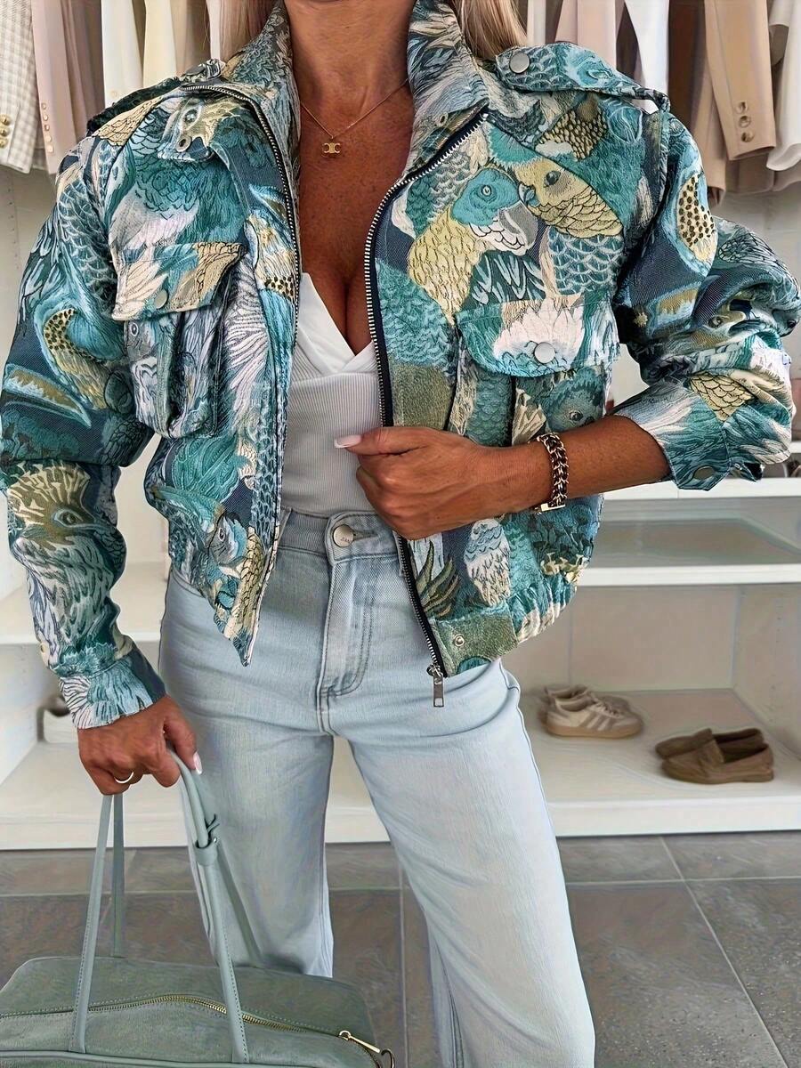 New Casual Vintage Ocean Animal Print Front Button Pocket Zipper Jacket Coat For Women, Suitable For Halloween, Christmas, Outdoor, Commute, Daily, Travel Spring