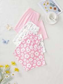 3 件套女士纯色、雏菊、玫瑰花卉印花 3/4 长睡裤，柔软舒适，适合所有季节 - 淺粉色 - 查看 3