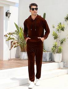 Mens 2 Piece Velour Hoodie Tracksuit Long Sleeve Velvet Hooded Pullover Casual Athletic Jogging Sweatsuit Set-2025 - 棕色 - 查看 5