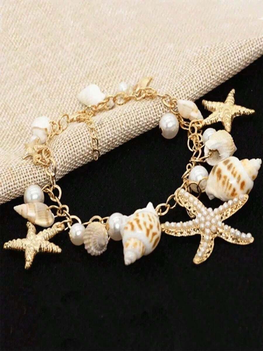 1pc Bohemian Style Alloy & Pearl Ladies' Beach Bracelet With Seashells, Sea Snails And Starfishes, Summer - 1 cái - Xem 1