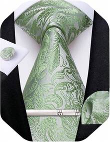 Conjunto de corbata de seda con estampado floral, incluye pinza de corbata, pañuelo y gemelos - Paisley verde salvia - Ver 1