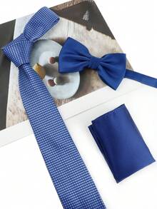 ZLQ&GOU 3pcs Classic Blue Polyester Jacquard Tie Set, Includes Tie, Handkerchief, Bow Tie, Suitable For Casual Business Gatherings - Blue - View 6