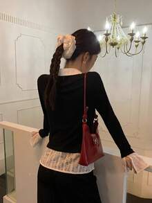 女士春季针织上衣，深灰色针织拼接开衫，修身喇叭袖衬衫，黑色 - 黑色 - 查看 5