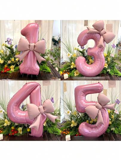 2 piezas/set globos de aluminio grandes de 32 pulgadas con números y lazos rosas, ideales para fiestas de cumpleaños, eventos al aire libre, aniversarios, festividades y decoración de pared para fiestas de Año Nuevo.