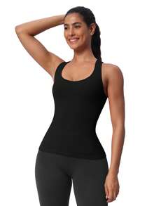 Seamless Workout Tank Top For Women With Built In Bra, Padded Racerback Athletic Yoga Camisole - Black - View 6