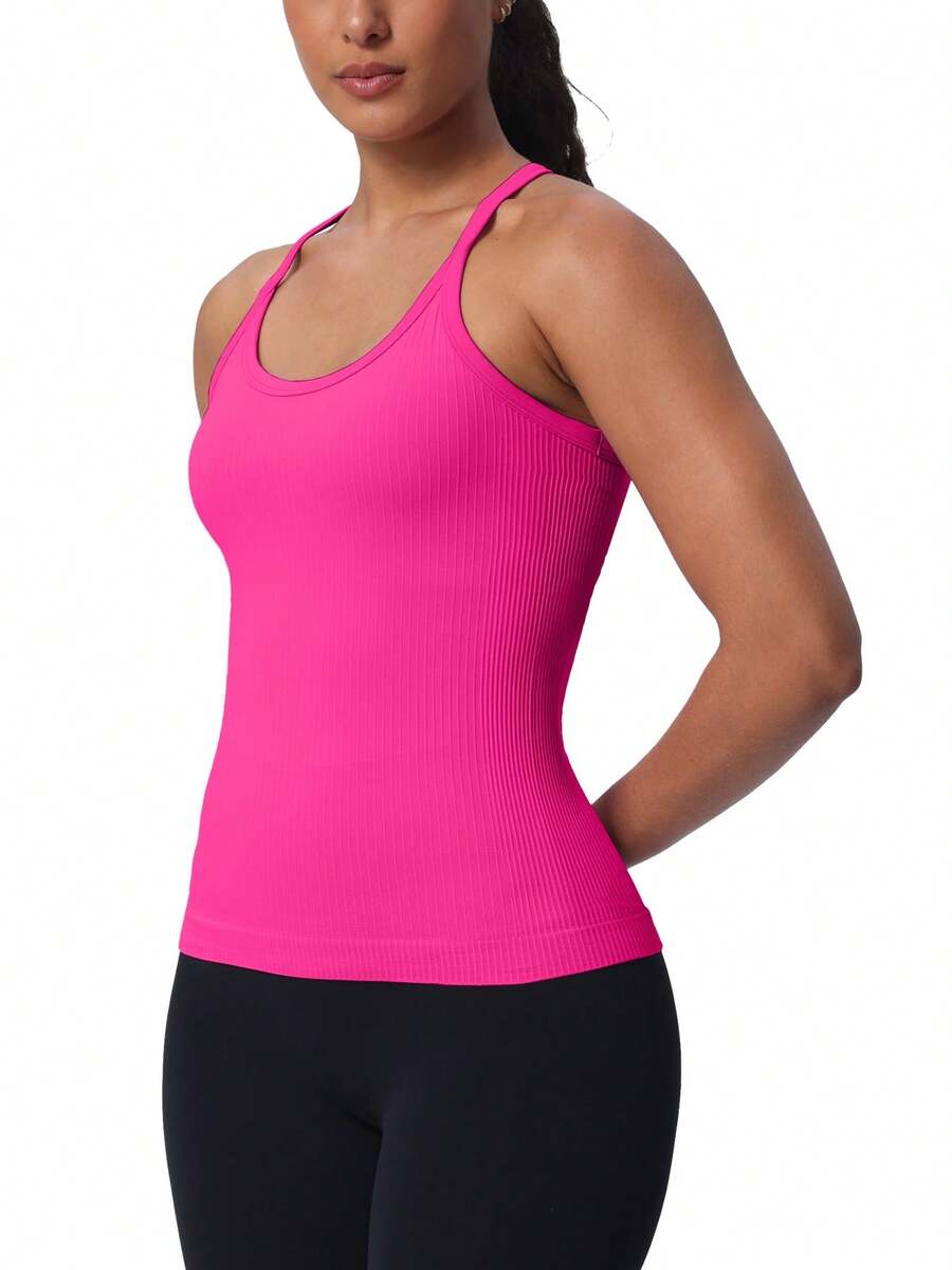 Workout Tank Tops For Women Built In Shelf Bras Padded -Racerback Athletic Tank Tops Ribbed Yoga Shirts - Wild Berry Color - View 1