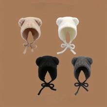 1pc Women's Cute Bear Ear Warm Earmuff Trapper Hat, Knitted Thick Fluffy Plush Cap For Autumn/Winter Outdoor Travel Cycling