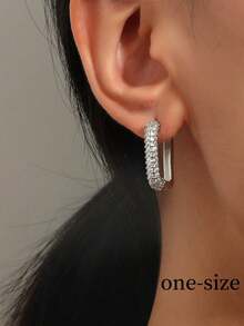 方晶鋯石裝飾圓耳環 - 銀色 - 查看 9