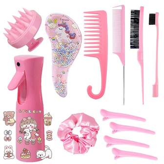 12件套美发造型梳和喷雾瓶套装，配有可爱卡通贴纸，适合所有发质，日常使用，DIY沙龙美发造型工具