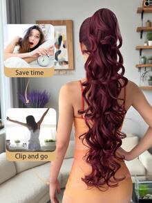 Accessorio per capelli a forma di artiglio per coda di cavallo, colore rosso vino, parrucca sintetica a onde profonde resistente al calore da 28 pollici, adatta per feste di Natale, Ognissanti e uso quotidiano delle donne