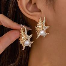 1 对贝壳耳环夏季海滩风格海蜗牛海螺耳环职业风格仿珍珠波西米亚风女士珠宝 - 彩色 - 查看 1