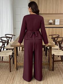 2pcs Plus Size Urban Chic V-Neck Metal Buckle Decor Long Sleeve Set, Solid Color, Palace Style, Suitable For Spring/Summer, Valentine's Day, Elegant Lady, Summer Holiday, Wedding & Events, Outing, Vacation, Beach, Spring Break - Red - View 7
