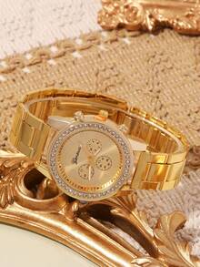 6 PIEZAS Reloj de cuarzo elegante y sencillo para mujer con esfera redonda con números arábigos, incrustaciones de rhinestone, correa de aleación, con anillos, pulseras, collares y aretes de botón, es el mejor regalo para niñas, adecuado para cumpleaños, festivales y regalos de pareja, caja de regalo no incluida