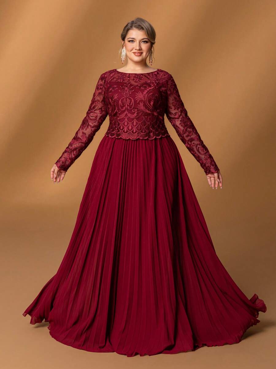 Faeriesty Mosy Plus Size Elegant Round Neck Long Sleeve A-Line Mother Of The Bride Gown: Timeless Design For Weddings, Formal Galas, Black-Tie Dinners, Charity Balls, Evening Soirees