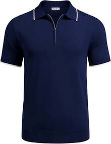 Men's Zipper Polo Shirt Casual Knit Short Sleeve Polo T Shirt Classic Fit Shirts - 藏蓝色 - 查看 5