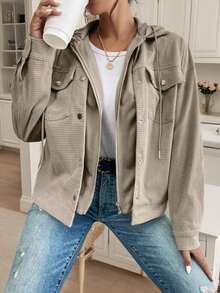 Women's Casual Waffle Knit Hooded Zip Up Jacket, Oversized Lightweight Spring Jacket With Pockets - Light Grey - View 3