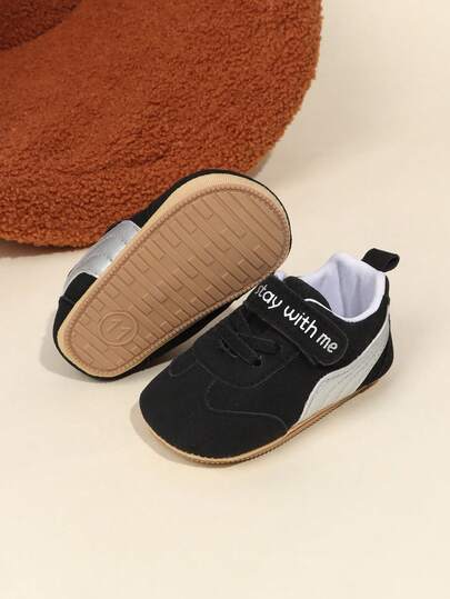 1 Pair Toddler Boys' Solid Color PU Hook And Loop Design Flat Non-Slip Casual Shoes, 0-1 Years Old Baby Crawling Shoes, Suitable For Spring And Autumn