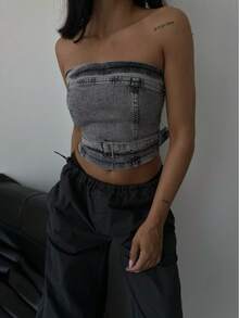 SQUALO المرأة دينيم نمر الطباعة bandeau المحصول الأعلى شقة حافة - رمادي - مشاهدة 5