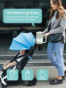 1 Stück 2-in-1 Getränkehalter mit Handyhalterung in Großformat - 360° drehbar und verstellbar, abnehmbar für Kinderwagen, Fahrräder, Rollstühle & Roller