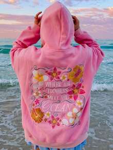 Men Women Y2k Graphic Hoodies Long Sleeve Oversized Hooded Sweatshirt Floral Embroidered Beach Hoodies Pullover Tops For Teen Girl Preppy Aesthetic Clothes - 粉色 - 查看 2