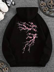 1pc Sudadera con Capucha Casual de Poliéster para Hombre con Ligera Elasticidad, Sudadera con Capucha de Ajuste Holgado con Diseño de Flor de Cerezo Impreso en Frente y Espalda, Tejido de Punto con Bolsillos para Otoño/Invierno - Negro - Ver 1