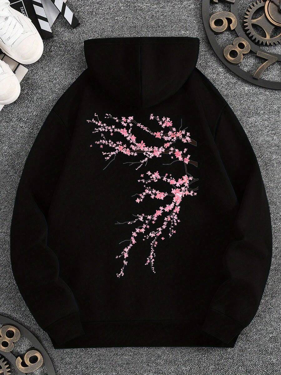 1pc Sudadera con Capucha Casual de Poliéster para Hombre con Ligera Elasticidad, Sudadera con Capucha de Ajuste Holgado con Diseño de Flor de Cerezo Impreso en Frente y Espalda, Tejido de Punto con Bolsillos para Otoño/Invierno - Negro - Ver 1