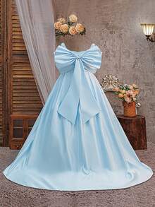 青少年女孩露肩蝴蝶结花童礼服，奢华公主礼服，适合优雅婚礼、派对、生日、圣餐、伴娘 - 藍色 - 查看 2