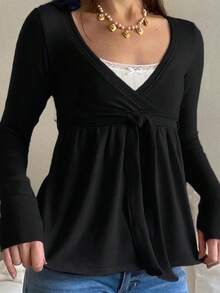 Women Y2K Babydoll Knit Tops Long Sleeve Lace Patchwork Low Cut Peplum Sweater Fairy Vintage 90s Coquette Blouse - 黑色 - 查看 4