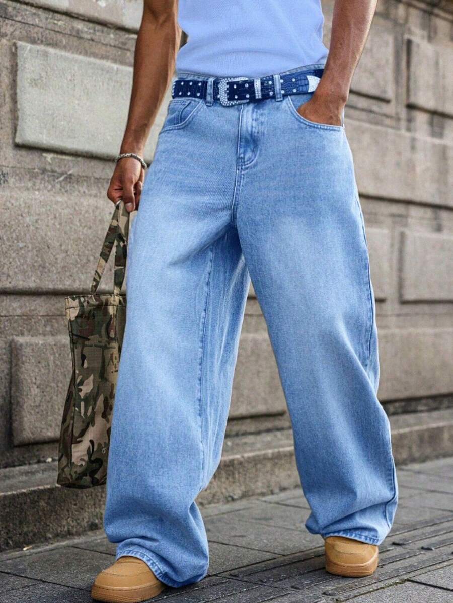 Men's Comfortable Solid Washed Blue Wide Leg Jeans, Fashionable And Versatile Wardrobe Essential Denim Pants