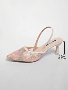 White High Heel Mules For Women, Pointed Toe, Lace Embroidery, Heel, Fall, Autumn, Dual-Wear Sandals In Neo-Chinese Style - Pink - View 8