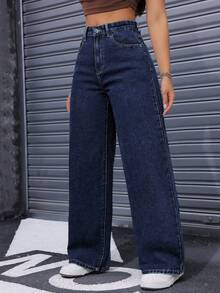 Pantalones Vaqueros de Pierna Ancha para Mujer Cintura Alta Recta y Suelta, Tejido Elástico Azul Lavado, Elegantes y Casuales - Azul - Ver 6