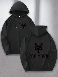 Nuevo diseño de patrón de letras de moda, patrón de moda de bolsillo canguro, sudadera con capucha cómoda para hombres con estampado en la parte delantera y trasera - Negro - Ver 1