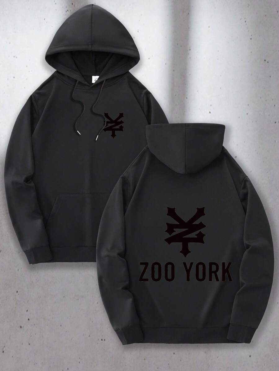 Nuevo diseño de patrón de letras de moda, patrón de moda de bolsillo canguro, sudadera con capucha cómoda para hombres con estampado en la parte delantera y trasera - Negro - Ver 1