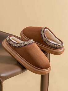 Solid Color Plush Slippers For Autumn/Winter, EVA Thick Bottom Non-Slip Faux Suede Plush Fabric Upper Warm Shoes, Soft Bottom Indoor/Outdoor Wear Suitable For Winter - Coffee Brown - View 2