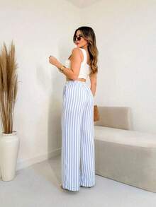 Wide Leg Striped Elastic Palazzo Pants With Pockets - 淺藍色 - 查看 3