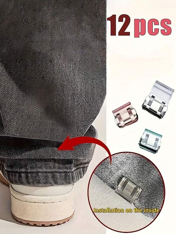 12 حزمة مشابك غير مرئية لتقصير أطوال السراويل لمنع سحبها على الأرض، إغلاق السراويل بأزرار مخفية - تصميم أزرار مخفية خالي من الغرز - سهل التركيب، ملحقات مانعة للانزلاق، أدوات تثبيت متينة، ملحقات ملابس، ملحقات أزياء وظيفية، مناسبة للجينز والسراويل والبناطيل واسعة الساق (12/6/3/1 قطعة)