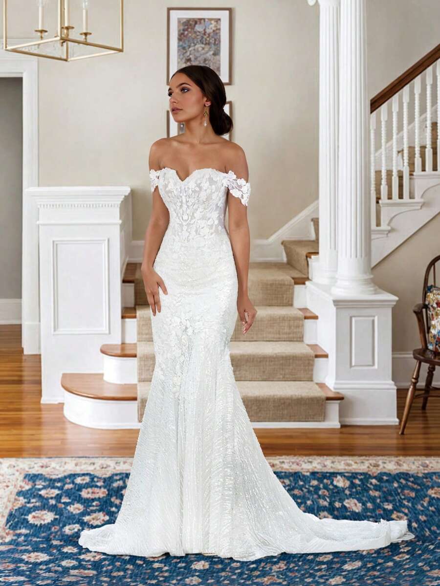 Elegant Sexy Lace Applique Off Shoulder Mermaid Wedding Dresses For Bride,Evening Party Dress Bridesmaid Dress Birthday Party Dress,Romantic Church Ceremony Wedding Dress,Suitable For Wedding,Dating,Party,Singles' Party,Vacation,Formal Occasions,Dinner Dress,Prom Dress,Homecoming Dress,Cocktail Party,Wedding Guest Dress,Graduation - trắng - Xem 1