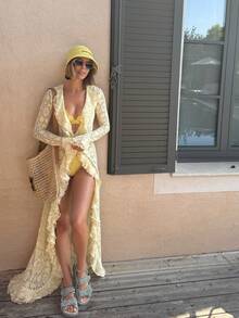 Women's Lace Ruffled Cardigan With V Neck Flared Sleeves  Asymmetric Hem For Elegant Casual And Street Styles - 黃色 - 查看 1