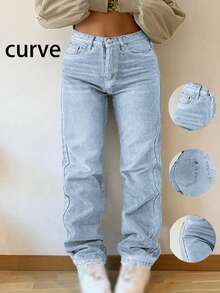 Quần jeans nữ dáng rộng, màu trơn, chất liệu wash nhẹ, phù hợp cho đi làm, ở nhà, tụ họp, mua sắm, mọi mùa. Phong cách đường phố tối giản mới. - Rửa nhẹ - Xem 7