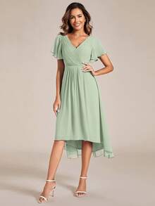 Women's Ruffle V-Neck Asymmetric Hem Mid-Length Dress With Puff Sleeves, Suitable For Wedding Guest Attire - Mint Green - View 2